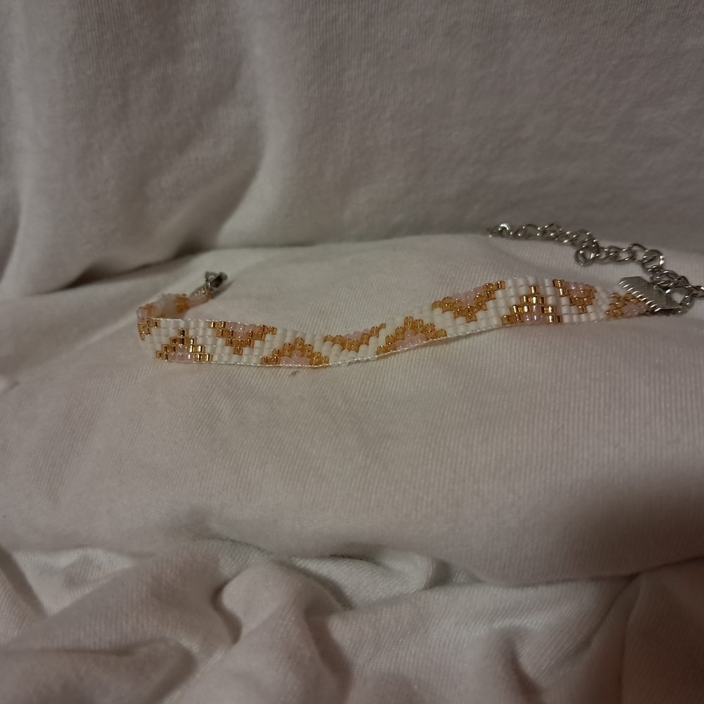 Handmade Royal Soft Sparkle Bracelet, Miyuki Glass Seed Beads, White, Gold, Pink